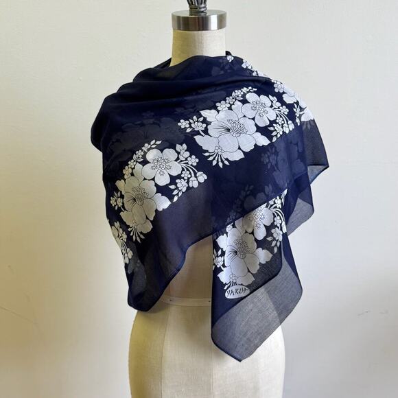 Japanese Yakut Navy Floral Silk Square Scarf - Picture 1 of 5